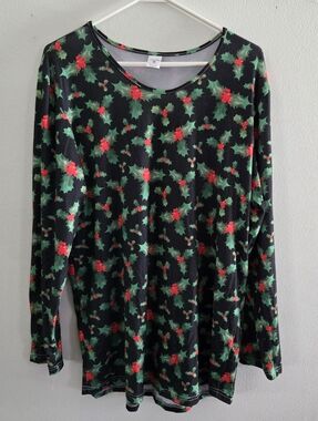 Black Holiday Holly Print Long Sleeve Top